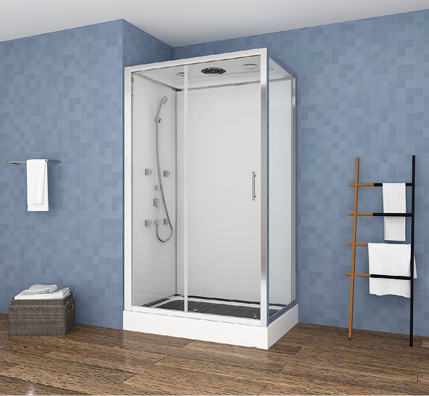 salle de bains bleue avec cabine de douche