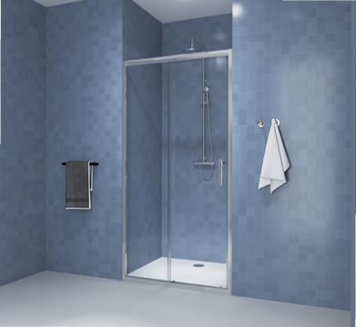 salle de bains bleue avec paroi transparente